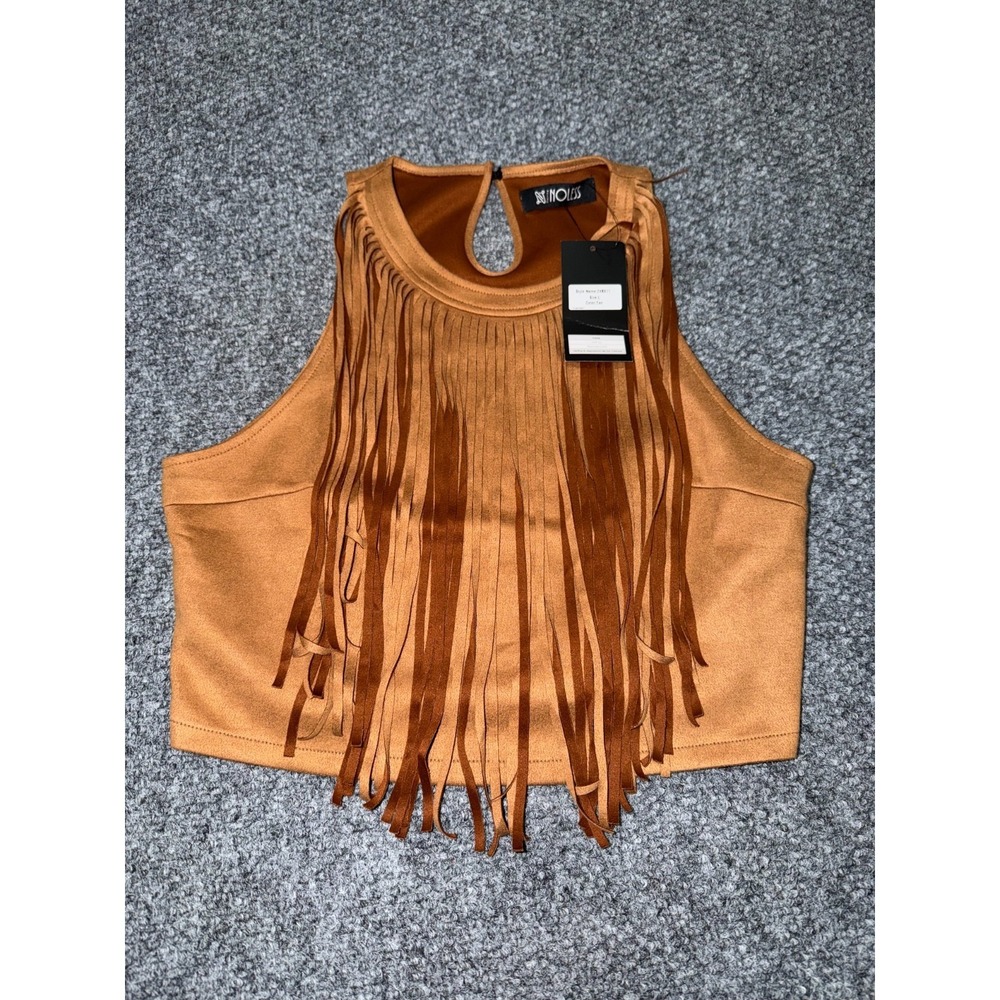 Relish NoLess Faux Suede Fringe Crop Top Coastal Cowgirl Festival Tan Size L